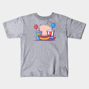 Tasty Hotdog with USA Independence Day Flag Soda, Hat and Balloon Cartoon Vector Icon Illustration Kids T-Shirt